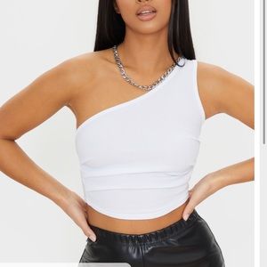 Ruched One Shoulder White PRETTY LITTLE THING top